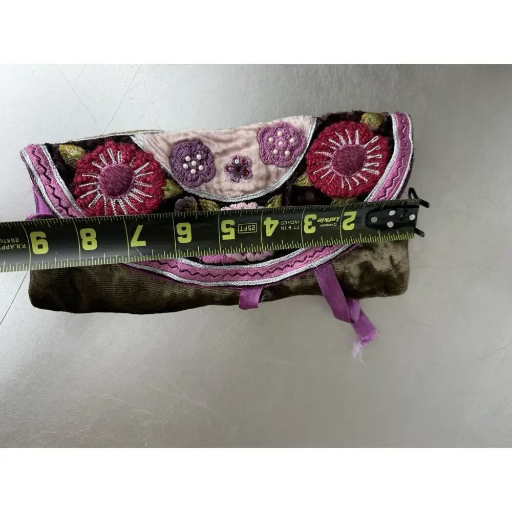 VINTAGE FOLD-UP JEWELRY TRAVEL BAG Velvet Satin Embroidered Flowers Boho